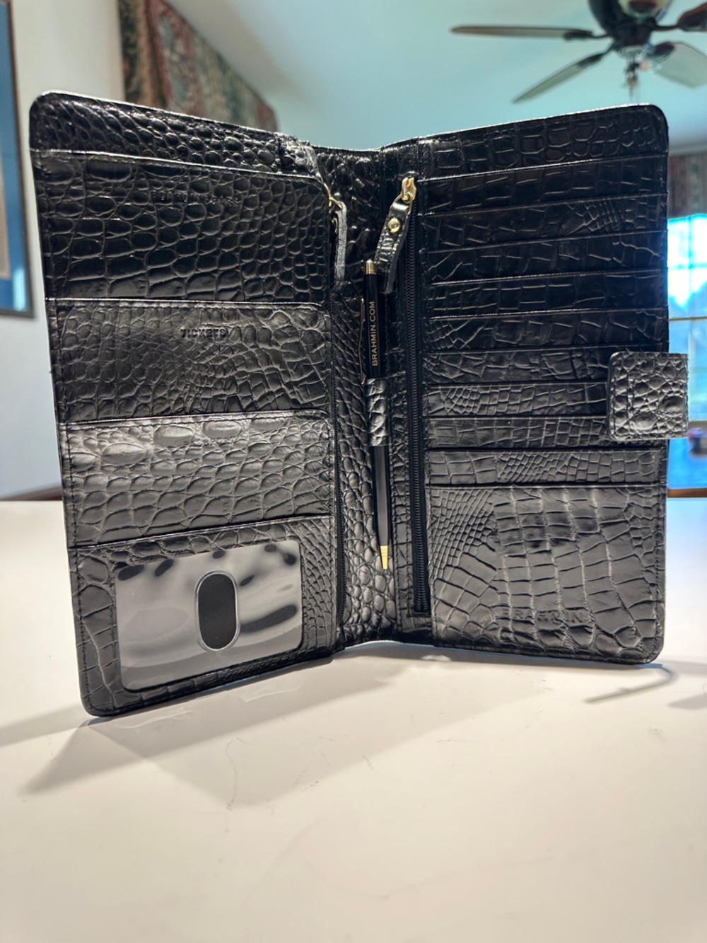 Brahmin Black Metallic Croc-Embossed Leather Travel Wallet
